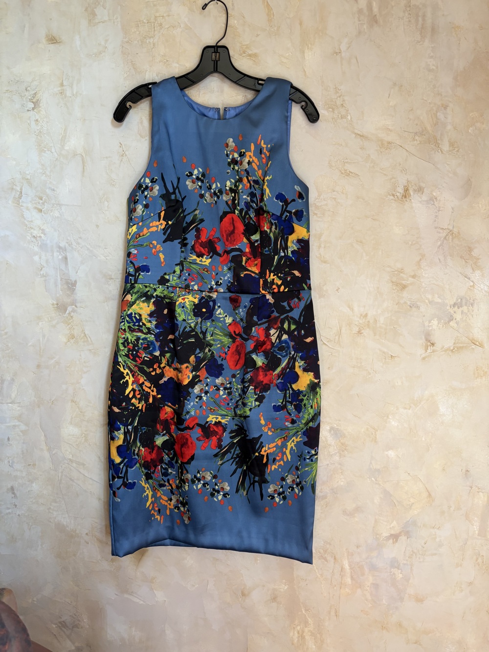 David Meister Silk Blue Floral  Sleeveless Party Dress